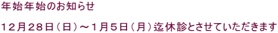 年始年始のお知らせ  １２月２８日（日）～１月５日（月）迄休診とさせていただきます 